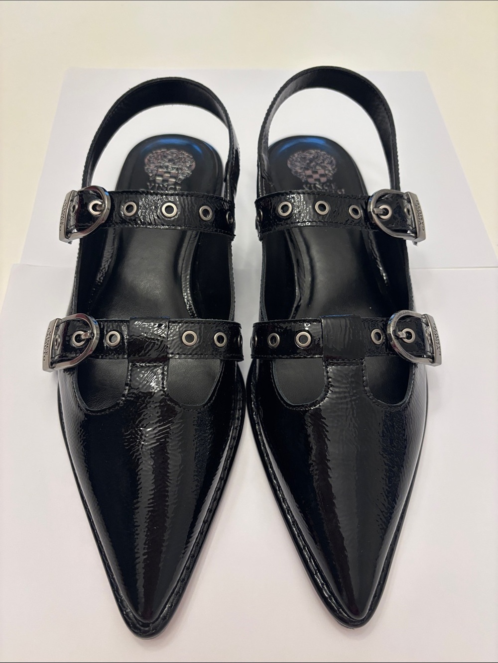 Vince Camuto Black Patent Leather Pointed Slingback Loafers with Buckles